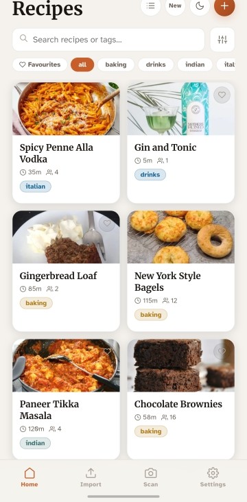 Crave Recipes home screen showing recipe grid