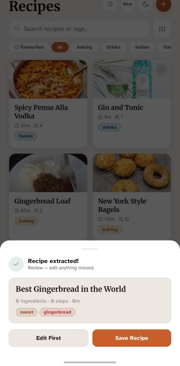 Crave Recipes import screen